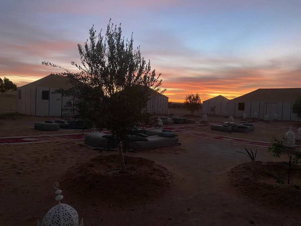 luxury camp at sunrise