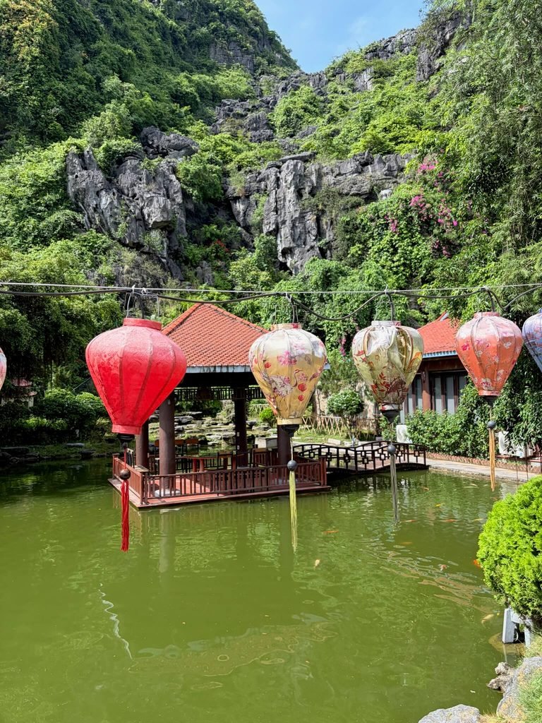 lanterns over a lake with a pagoda