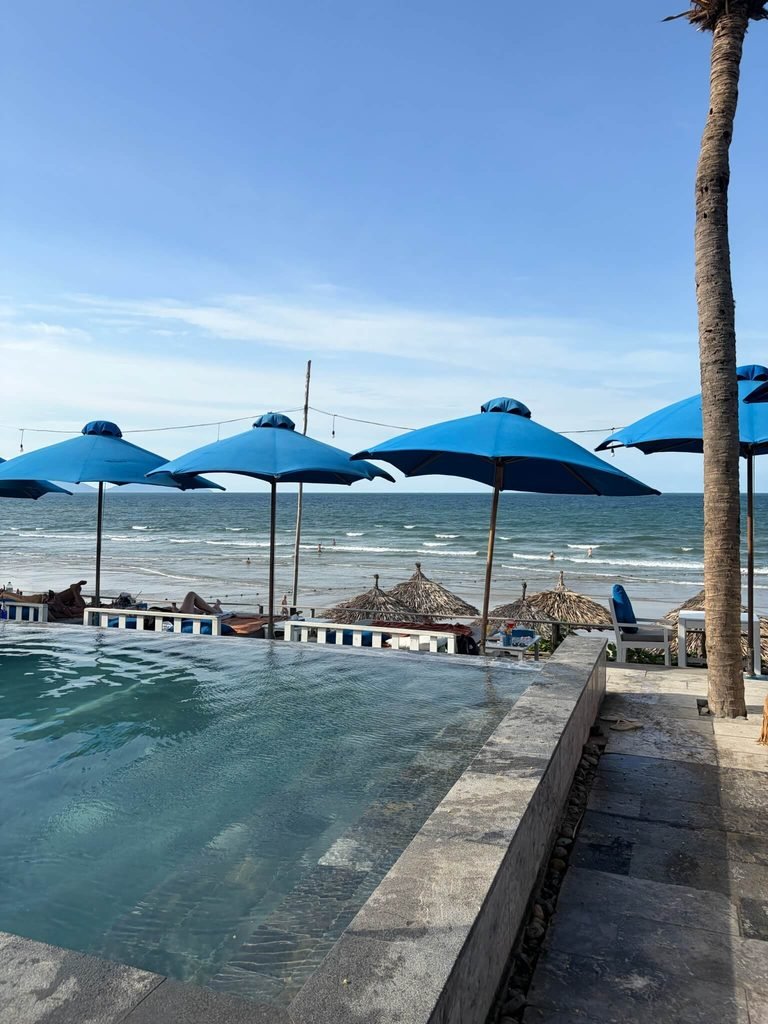 blue parasols next to the pool
