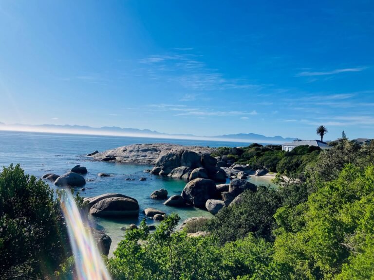 view across the sea at cape town peninsula on a bright sunny day